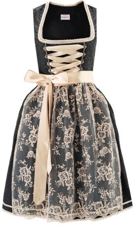 Midi Dirndl Damen Dirndlspatz Gr. 34 - 54 schwarz 2 teilig Kleid Schürze