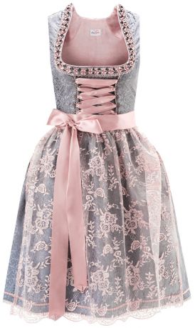 Midi Dirndl Damen Trachten Gr. 34 - 54 grau rosa 2 teilig Kleid Schürze