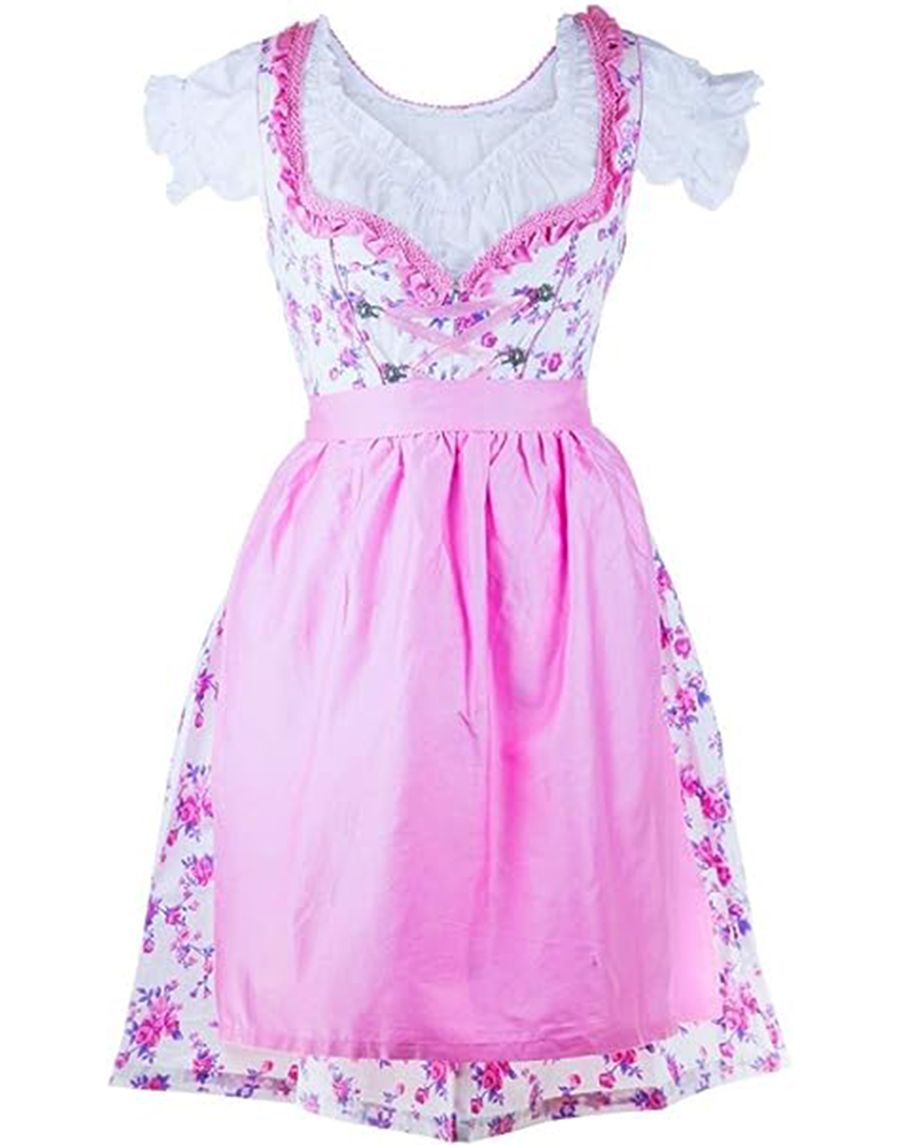 SALE% Bavarian Clothes Dirndl Damen Set 3 Teilig Weiß Rosa - Festliches Midi Dirndl Trachtenkleid mit Satinschürze 3 TLG Oktoberfest 053