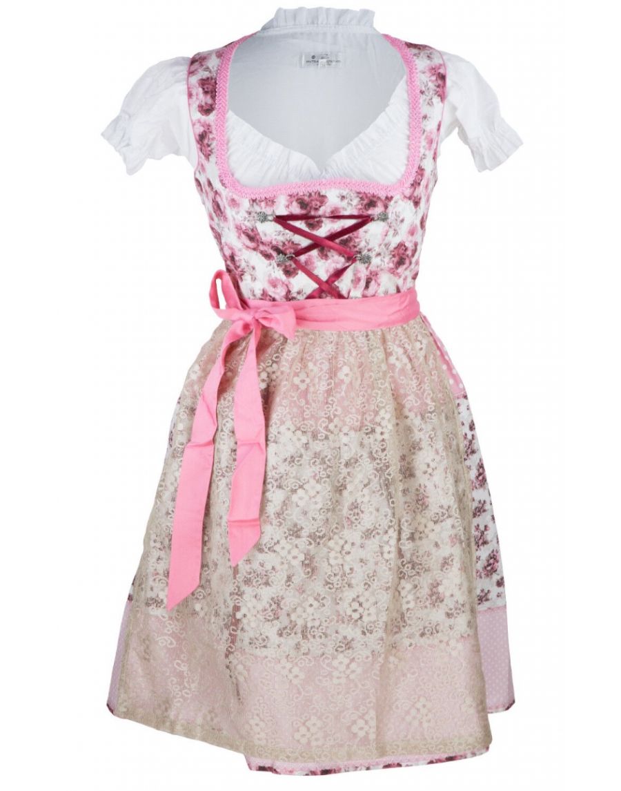 SALE% Bavarian Clothes Dirndl Damen Set 3 Teilig Weiß Rosa - Festliches Midi Dirndl Trachtenkleid mit Satinschürze 3 TLG Oktoberfest 059