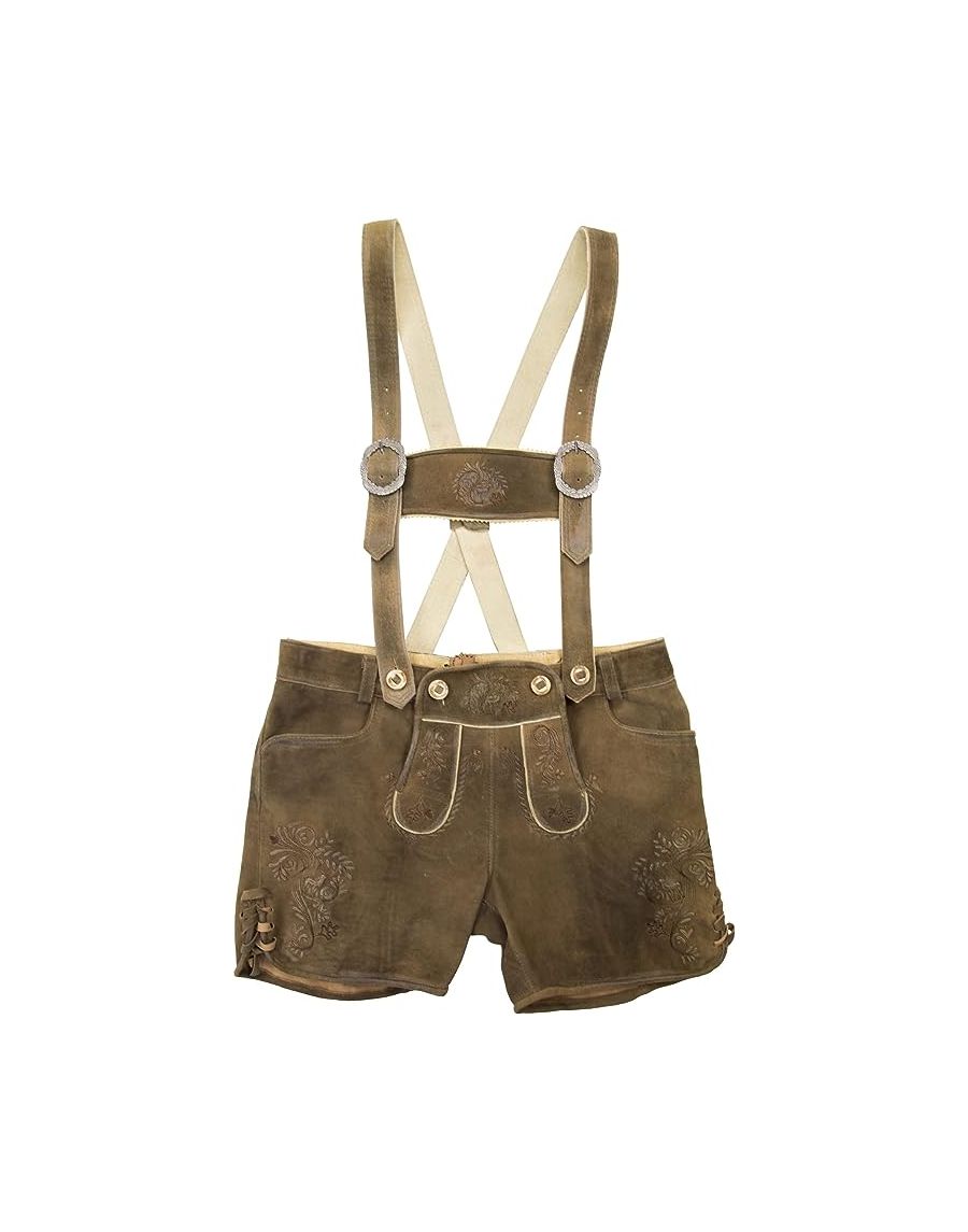 Kurze Damen Lederhose Zensi mit Hosenträgern - erdnuss- Hochwertige Trachtenhose Shorts für Oktoberfest und Kirchweih