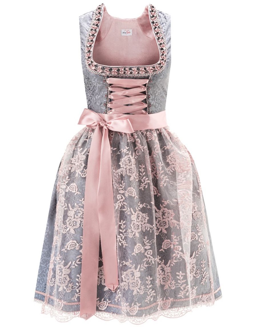 Midi Dirndl Damen Trachten Gr. 34 - 54 grau rosa 2 teilig Kleid Bluse Schürze
