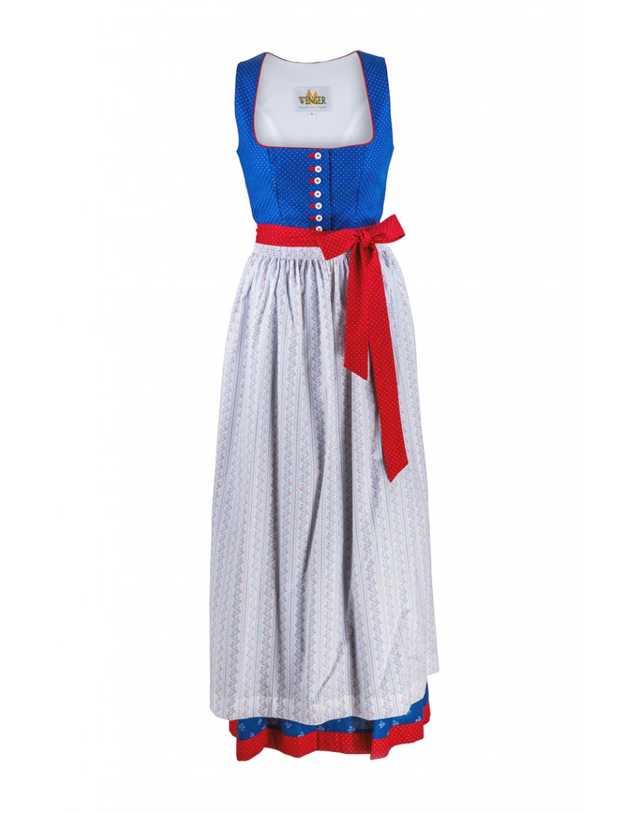 %SALE% Wenger "Sandra" Damen Dirndl 2-tlg Trachtenkleid Lang 95cm, Schürze Austrian Style in blau, weiß, rot