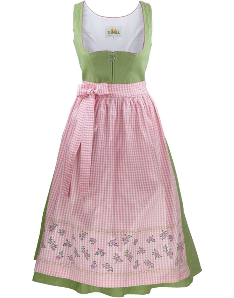 *Sale* Wenger "Christa" Damen Dirndl 2-tlg Trachtenkleid Midi, Schürze Wenger Austrian Style in grün pink