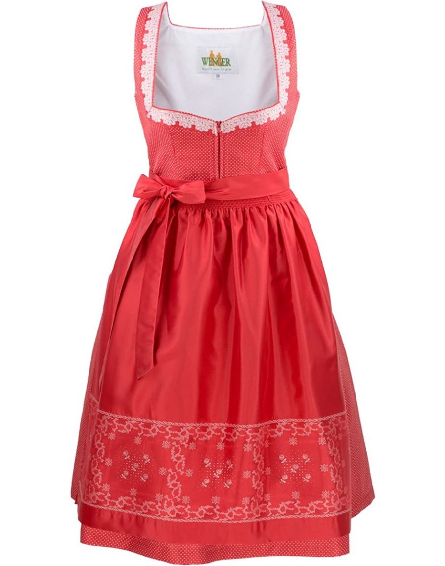 *Sale* Wenger Gerda Damen Dirndl 2-TLG Trachtenkleid lang 70 cm , Schürze Wenger Austrian Style Rot